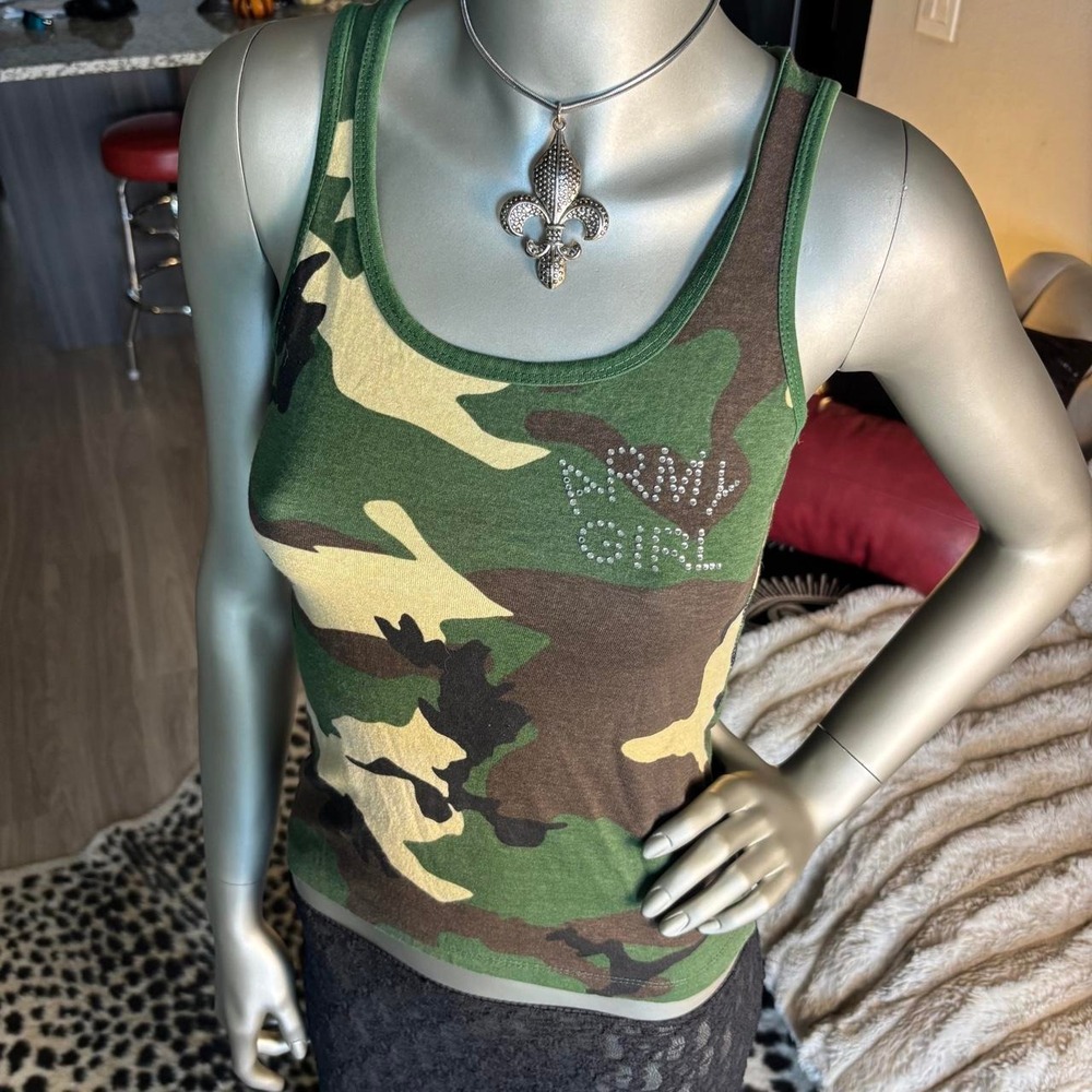 Y2K Army Girl Camo Tank Top Rhinestone Military Core 🍒🪖